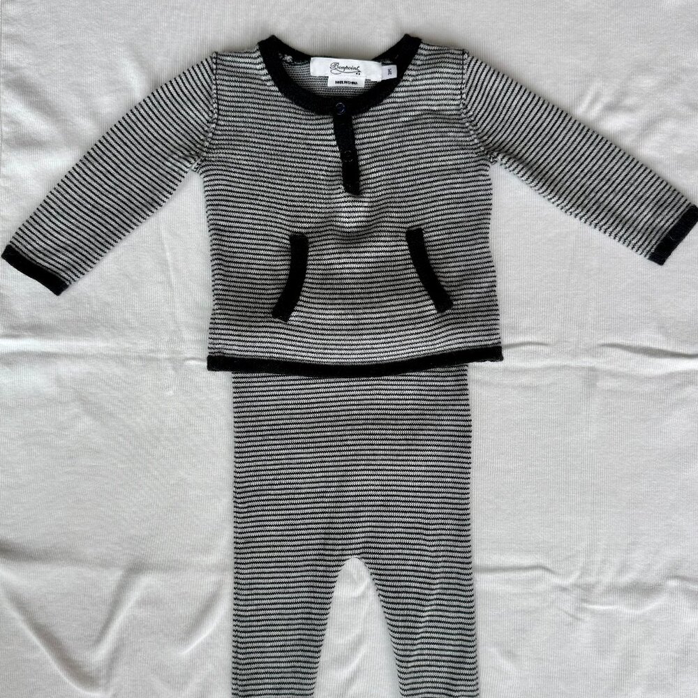 Bonpoint 100% Wool Baby Set – 3 Months – Black & White Striped 🖤🤍